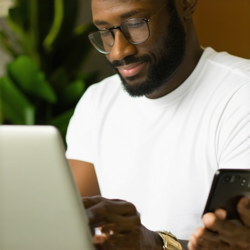 Chandler business owner working on Google My Business profile on laptop and smartphone.