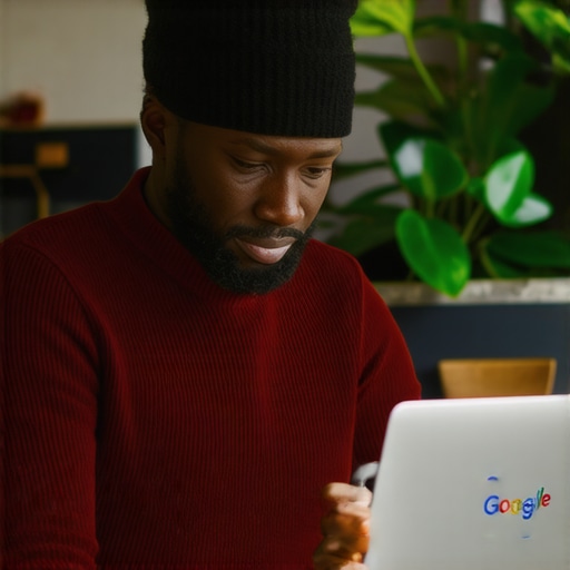 Business owner working on Google My Business profile on laptop in cozy office.
