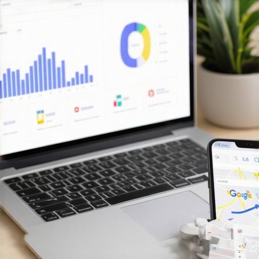 Person analyzing local SEO metrics on laptop and phone in office