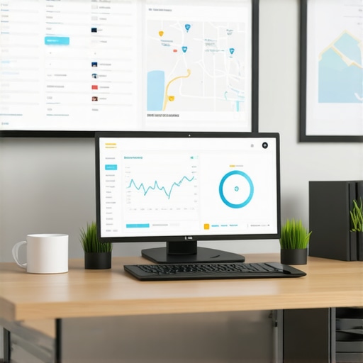 Person managing local SEO analytics on multiple screens, focusing on maps and keyword rank tracking.