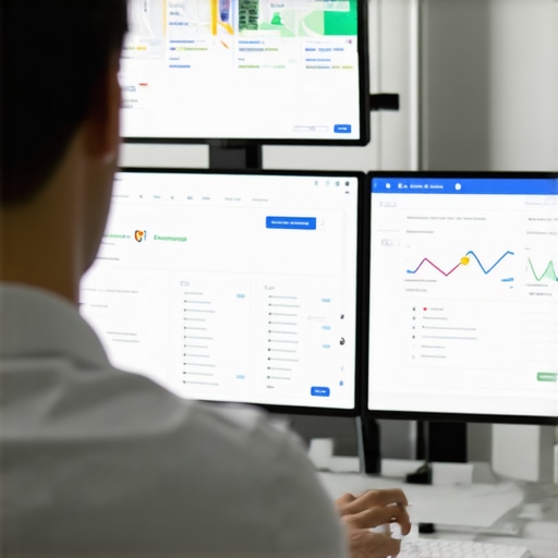 Person analyzing local SEO data on multiple monitors for Google Maps ranking