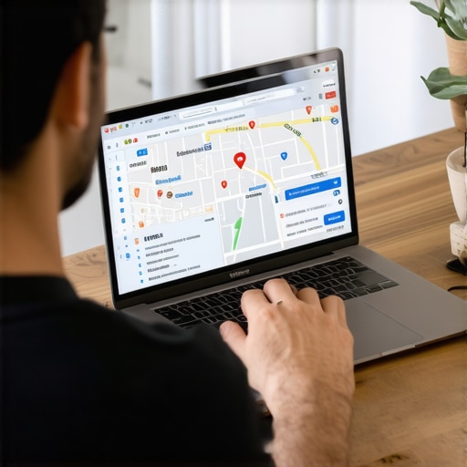 Business owner managing Google My Business profile with Chandler maps and review icons