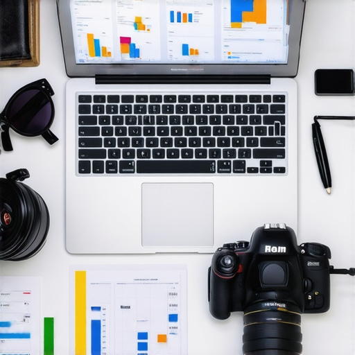 A workspace with SEO tools, citation reports, and a DSLR camera for local business marketing.