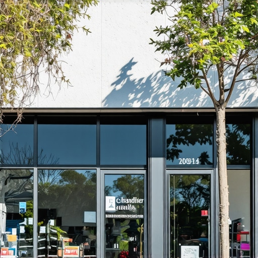 A busy Chandler storefront decorated with local signage and greenery, showing an inviting retail environment.