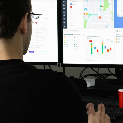 A digital marketer analyzing local SEO data on dual screens, emphasizing tools for managing Chandler SEO