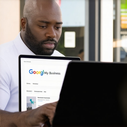 Business owner updating Google My Business profile on a laptop with Chandler storefront outside