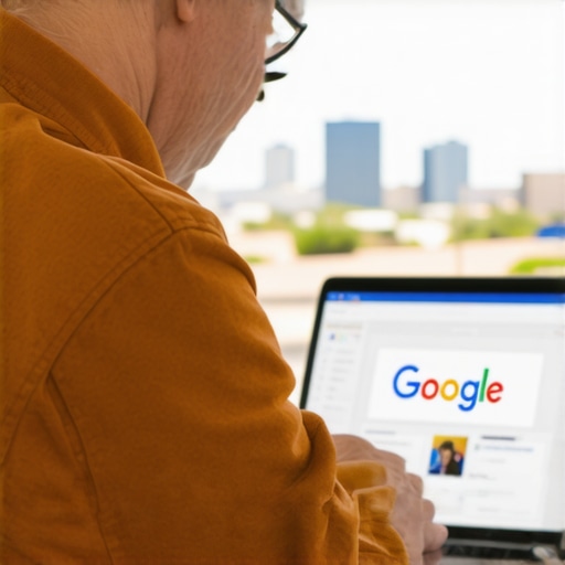 Business owner updating Google My Business profile with Chandler city view on screen.